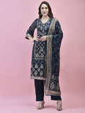 Women Georgette Blue Ornamental Print Kurta Comfort Pant Dupatta.