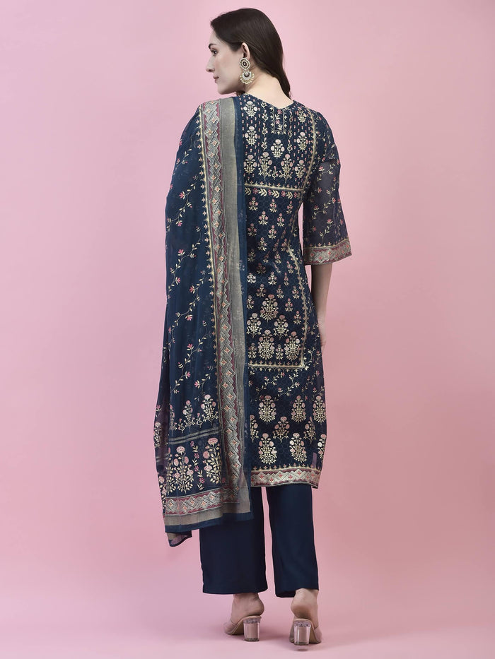 Women Georgette Blue Ornamental Print Kurta Comfort Pant Dupatta.