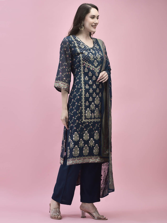Women Georgette Blue Ornamental Print Kurta Comfort Pant Dupatta.