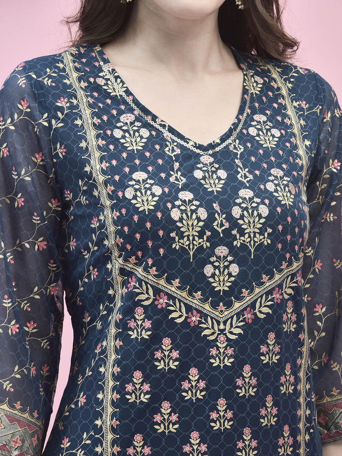 Women Georgette Blue Ornamental Print Kurta Comfort Pant Dupatta.