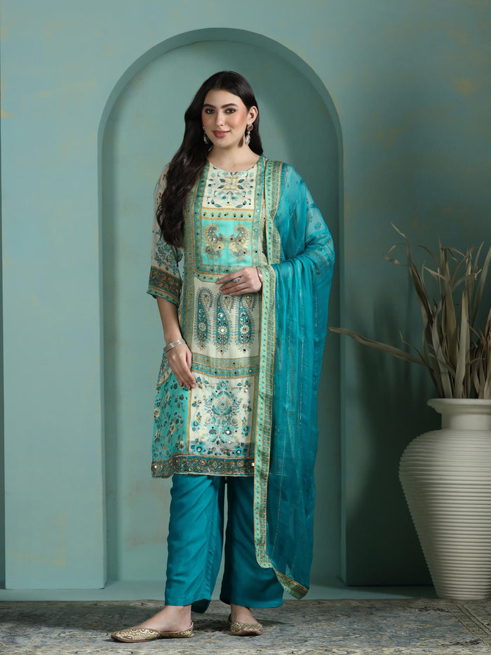 Women Georgette Cream Printed Kurta Comfort Pant Dupatta.