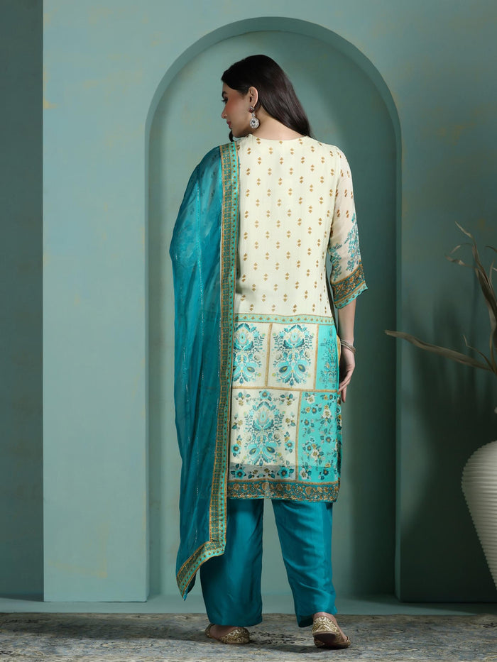 Women Georgette Cream Printed Kurta Comfort Pant Dupatta.