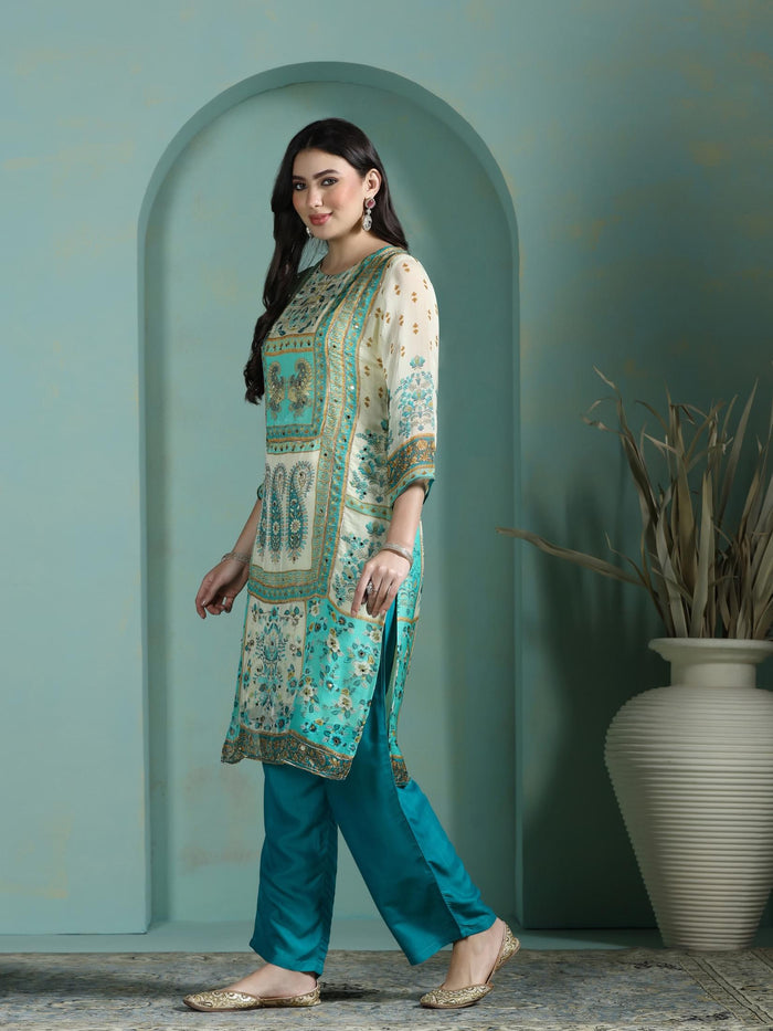 Women Georgette Cream Printed Kurta Comfort Pant Dupatta.