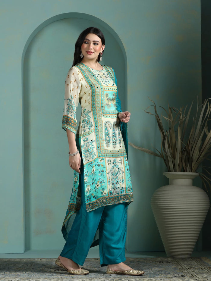 Women Georgette Cream Printed Kurta Comfort Pant Dupatta.