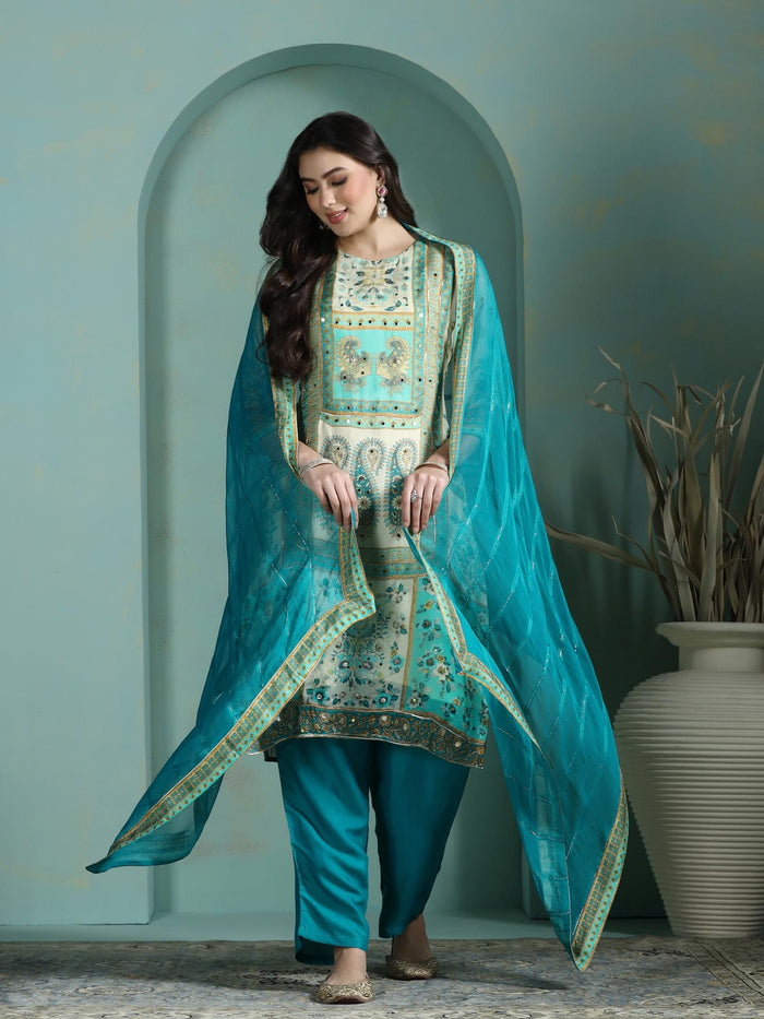 Women Georgette Cream Printed Kurta Comfort Pant Dupatta.