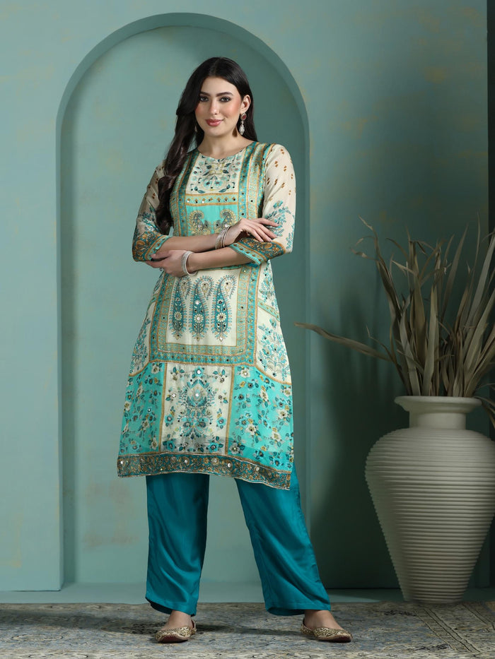 Women Georgette Cream Printed Kurta Comfort Pant Dupatta.
