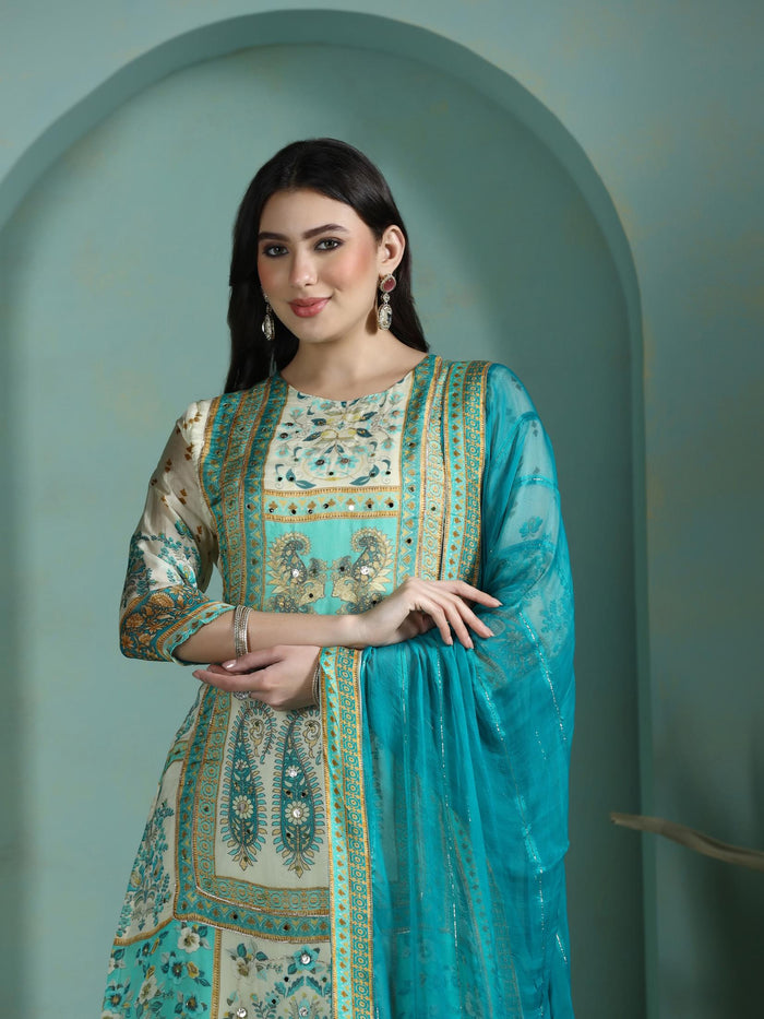 Women Georgette Cream Printed Kurta Comfort Pant Dupatta.
