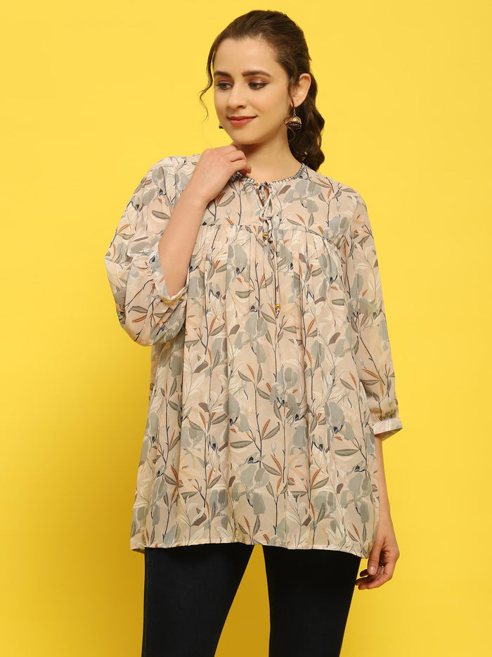 Women Georgette Grey Tropical Print Tunic.