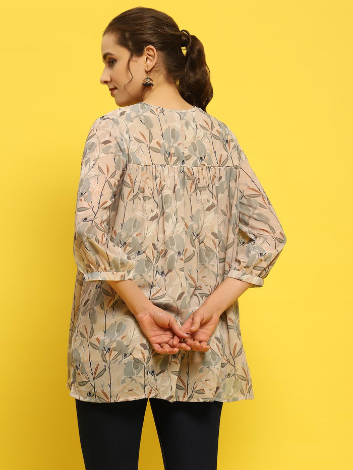 Women Georgette Grey Tropical Print Tunic.