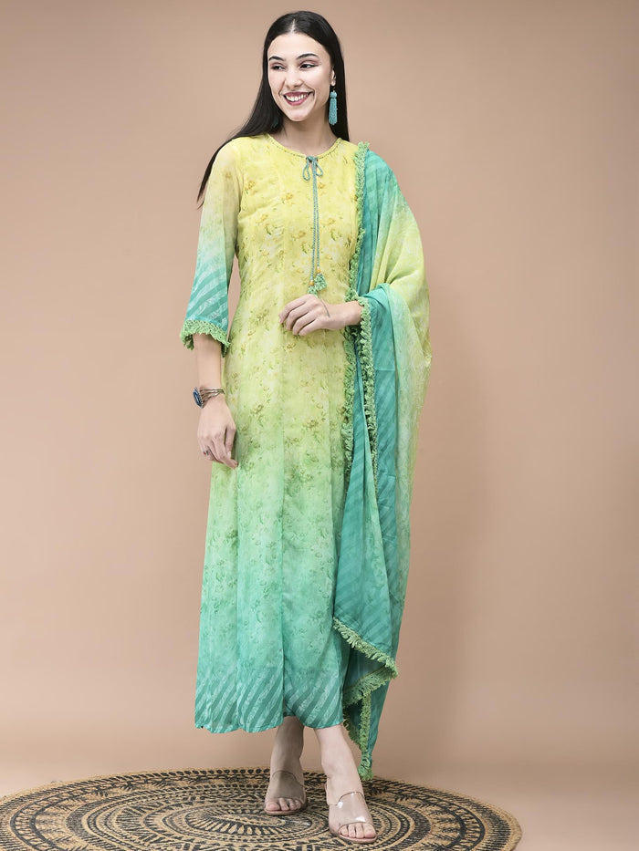 Women Georgette Lemon green Yellow Floral Print Dress With Dupatta.