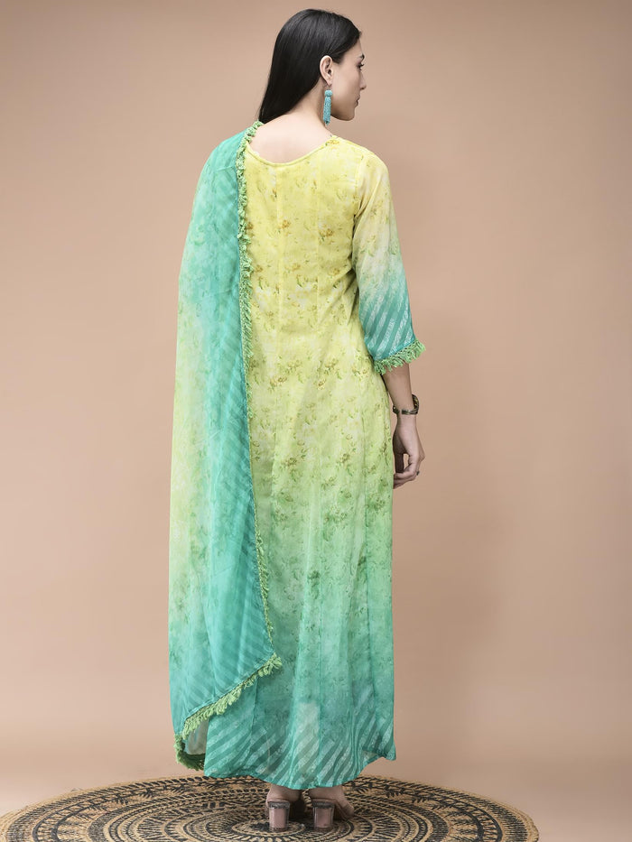 Women Georgette Lemon green Yellow Floral Print Dress With Dupatta.