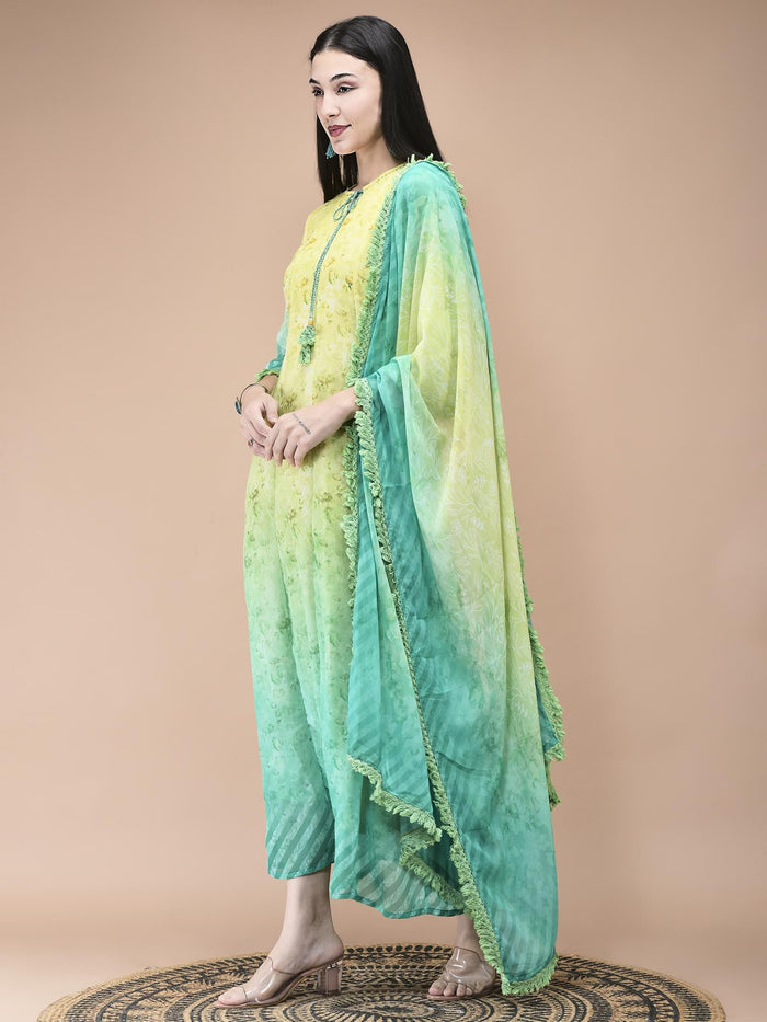 Women Georgette Lemon green Yellow Floral Print Dress With Dupatta.