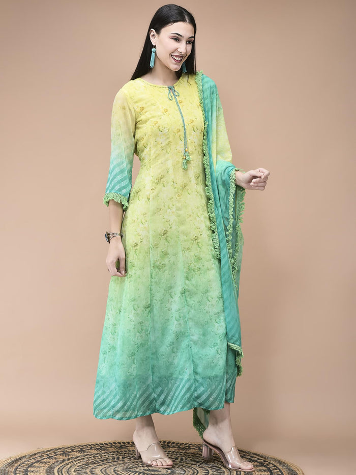 Women Georgette Lemon green Yellow Floral Print Dress With Dupatta.