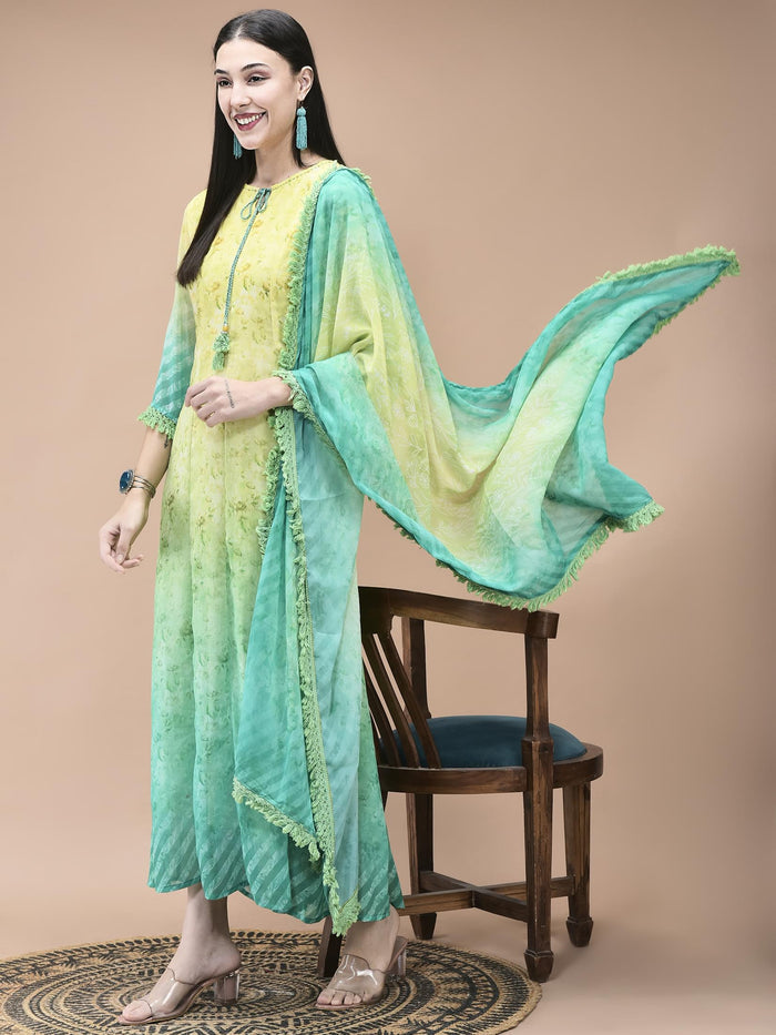 Women Georgette Lemon green Yellow Floral Print Dress With Dupatta.