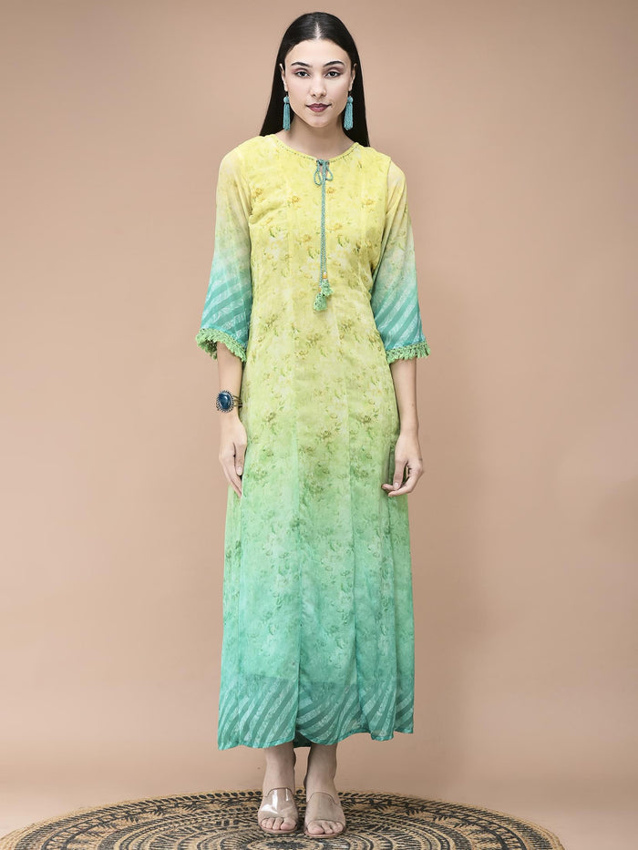 Women Georgette Lemon green Yellow Floral Print Dress With Dupatta.