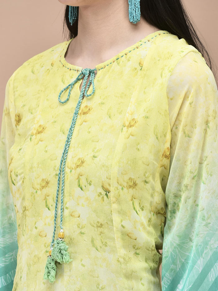Women Georgette Lemon green Yellow Floral Print Dress With Dupatta.