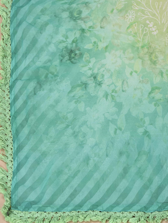 Women Georgette Lemon green Yellow Floral Print Dress With Dupatta.