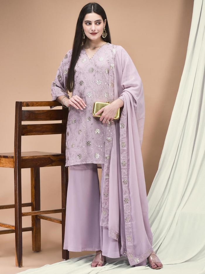 Women Georgette Lilac Embroidered Kurta Sharara Dupatta.