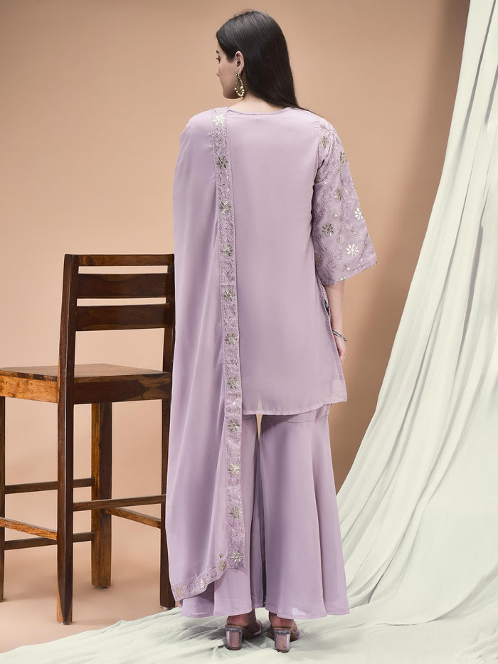 Women Georgette Lilac Embroidered Kurta Sharara Dupatta.
