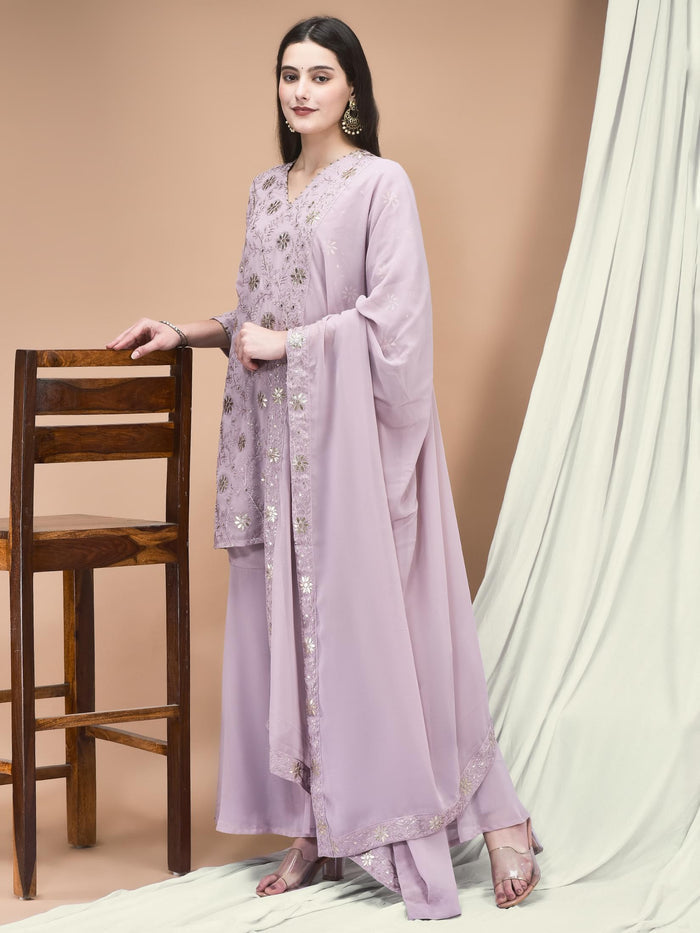 Women Georgette Lilac Embroidered Kurta Sharara Dupatta.