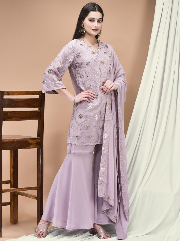 Women Georgette Lilac Embroidered Kurta Sharara Dupatta.
