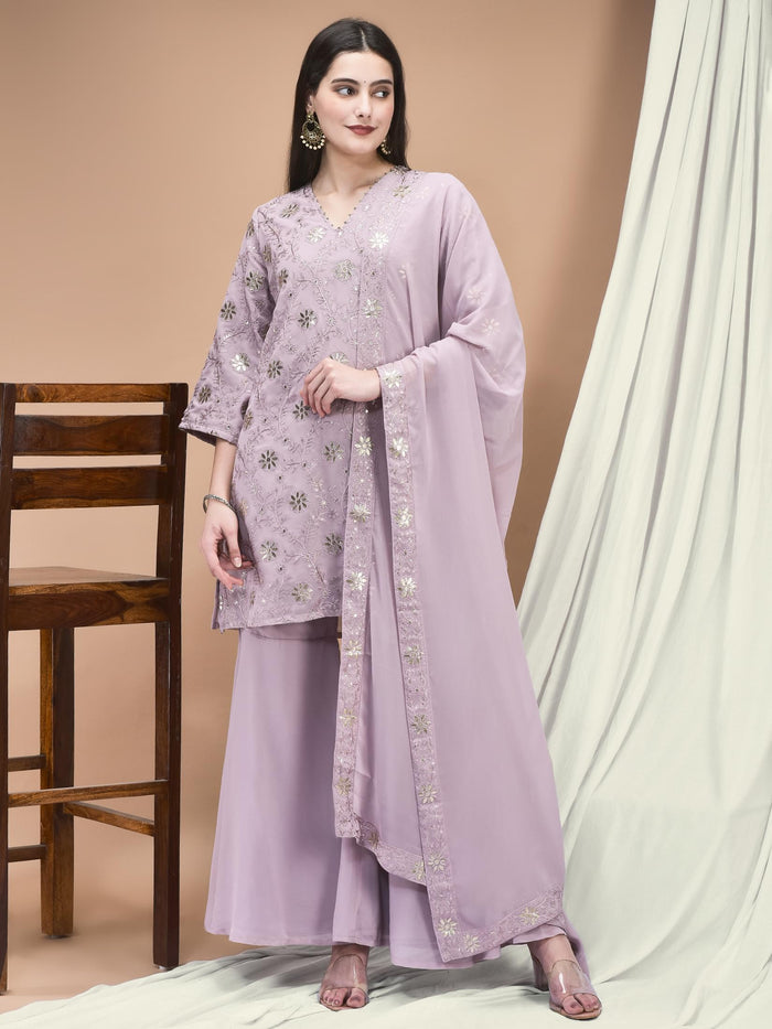 Women Georgette Lilac Embroidered Kurta Sharara Dupatta.