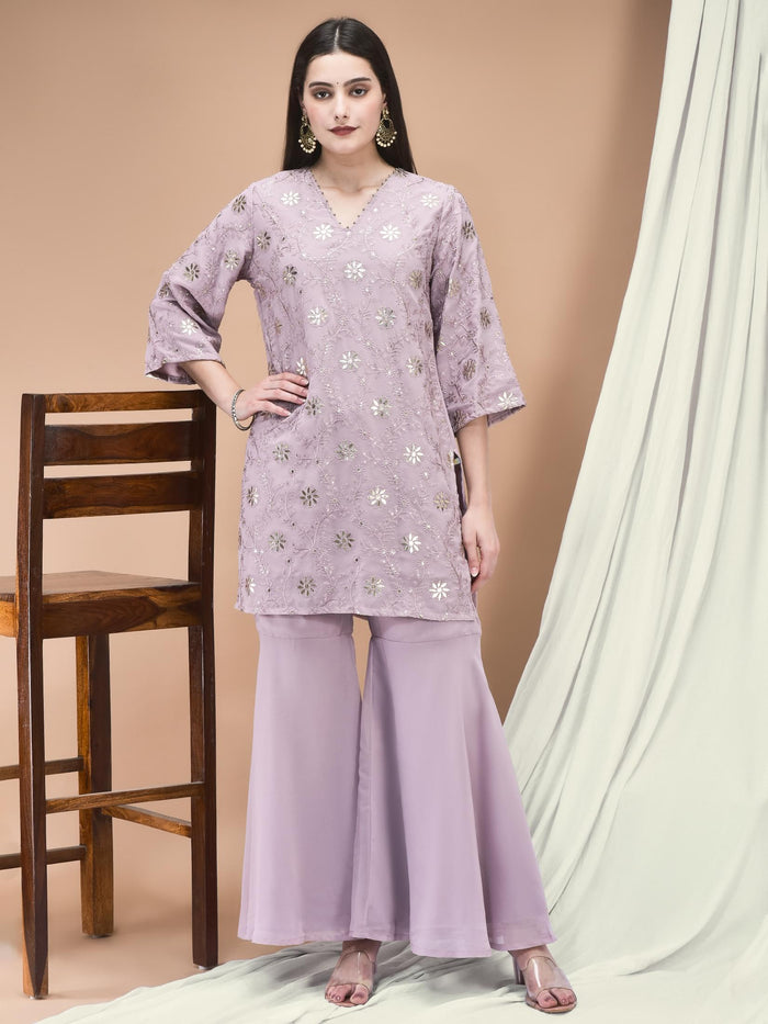 Women Georgette Lilac Embroidered Kurta Sharara Dupatta.