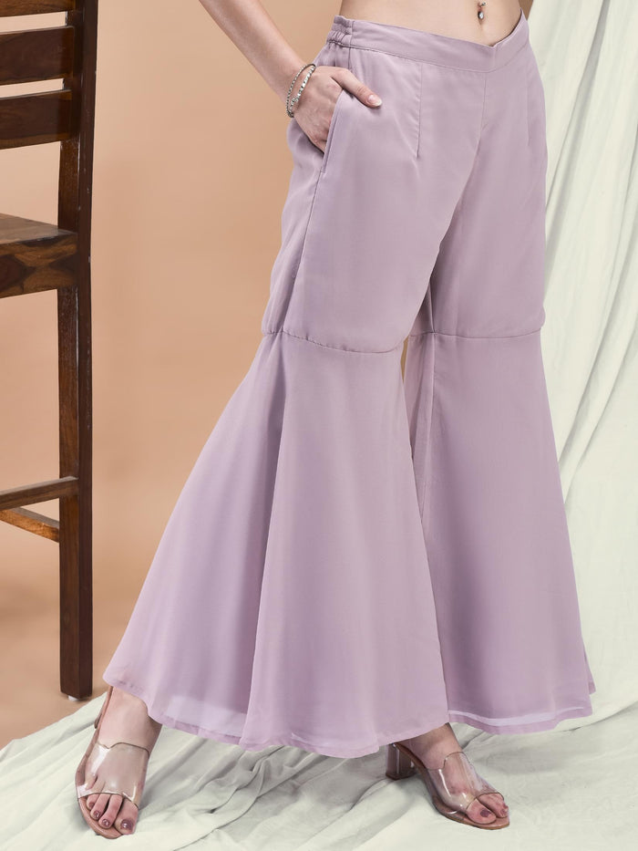 Women Georgette Lilac Embroidered Kurta Sharara Dupatta.