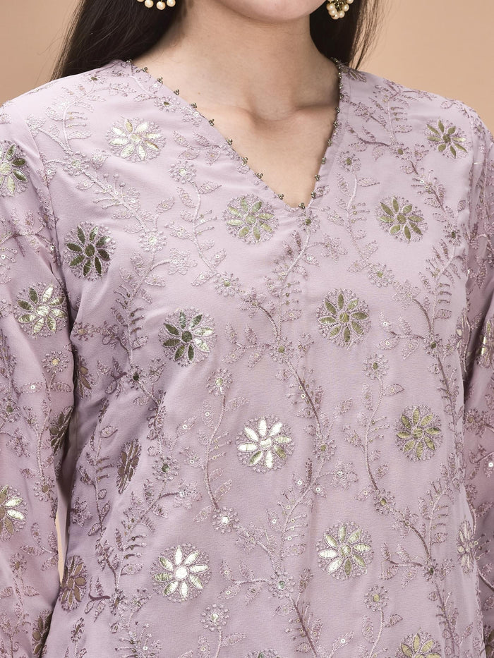 Women Georgette Lilac Embroidered Kurta Sharara Dupatta.