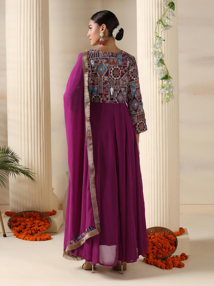Women Georgette Magenta Embroidered Dress With Dupatta.