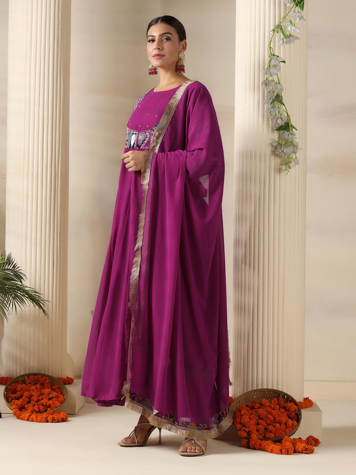 Women Georgette Magenta Embroidered Dress With Dupatta.