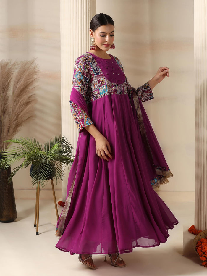 Women Georgette Magenta Embroidered Dress With Dupatta.