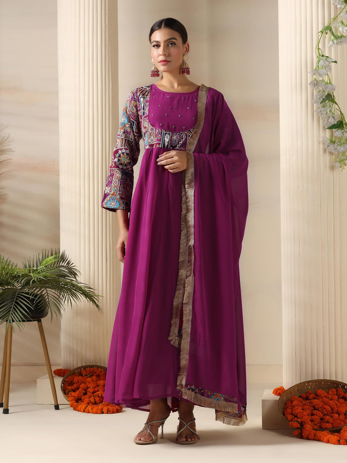 Women Georgette Magenta Embroidered Dress With Dupatta.