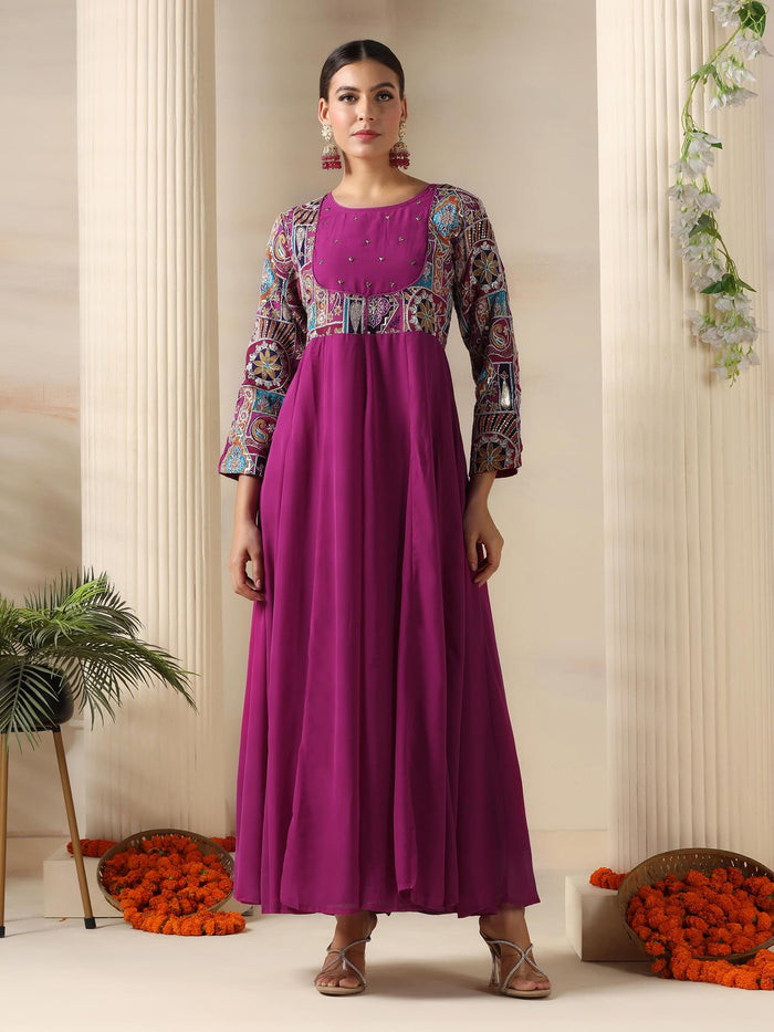 Women Georgette Magenta Embroidered Dress With Dupatta.