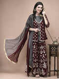 Women Georgette Maroon Foil Print Kurta Split Pant Dupatta.