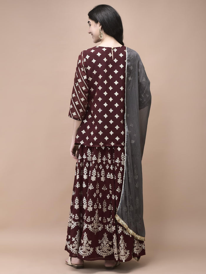 Women Georgette Maroon Foil Print Kurta Split Pant Dupatta.