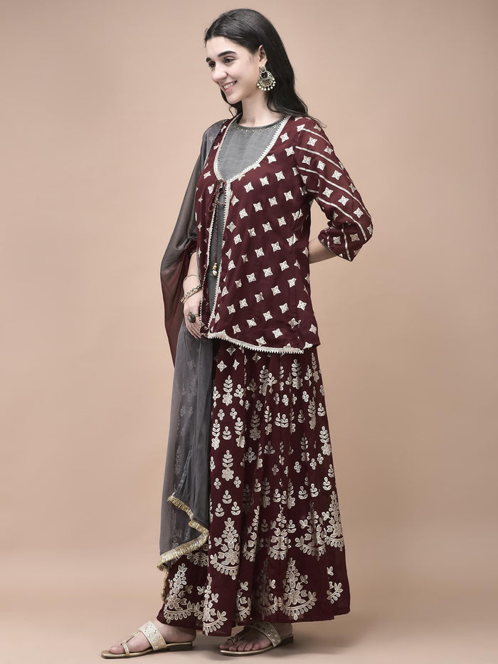 Women Georgette Maroon Foil Print Kurta Split Pant Dupatta.