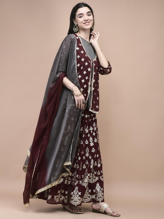 Women Georgette Maroon Foil Print Kurta Split Pant Dupatta.