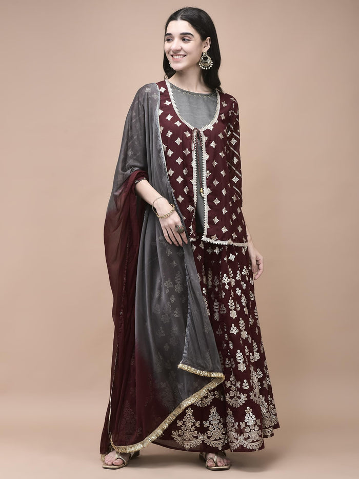 Women Georgette Maroon Foil Print Kurta Split Pant Dupatta.