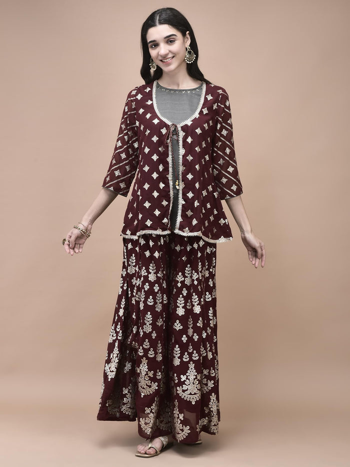 Women Georgette Maroon Foil Print Kurta Split Pant Dupatta.