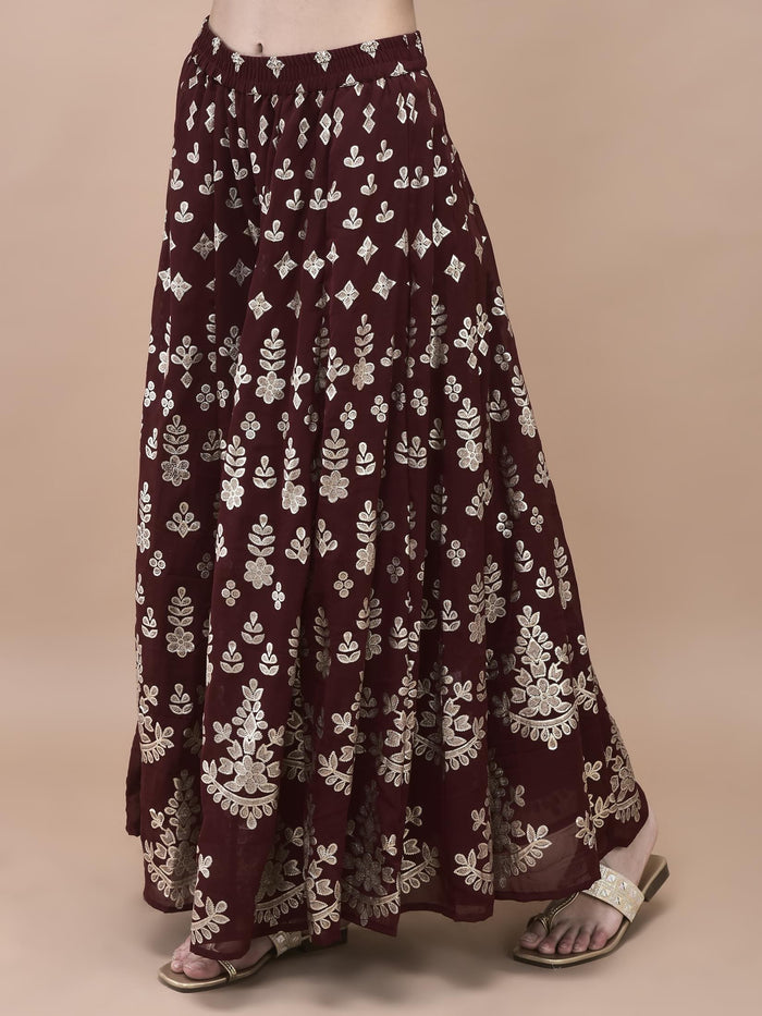 Women Georgette Maroon Foil Print Kurta Split Pant Dupatta.