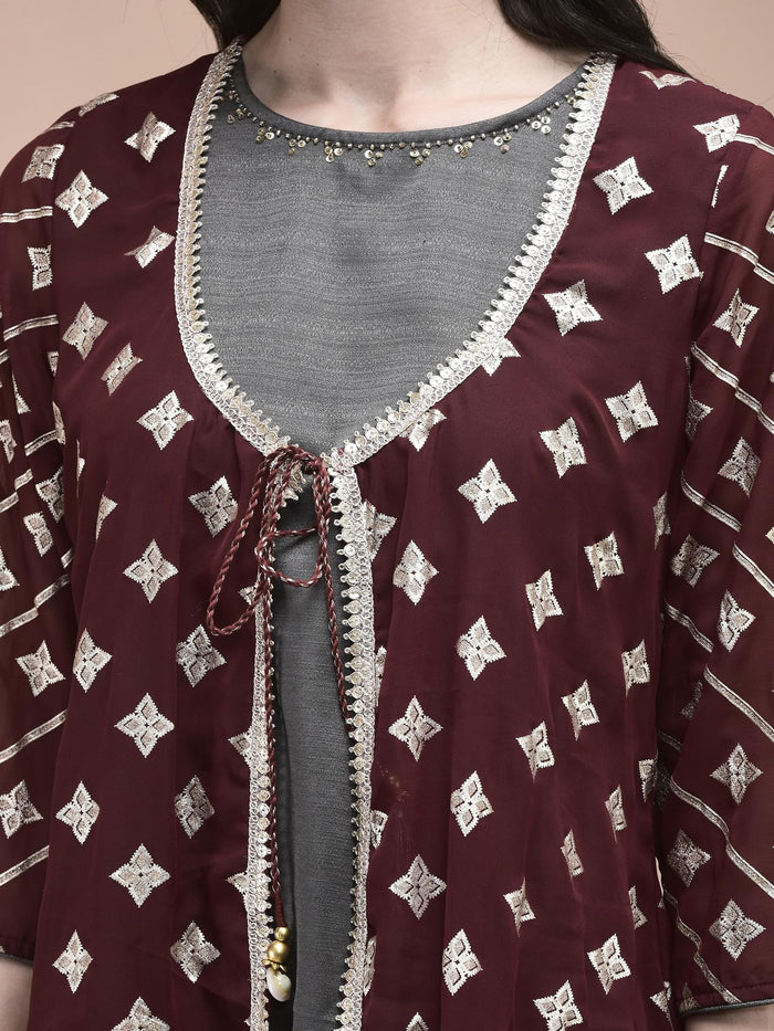 Women Georgette Maroon Foil Print Kurta Split Pant Dupatta.