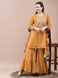 Women Georgette Mustard Embroidered Kurta Sharara Dupatta.