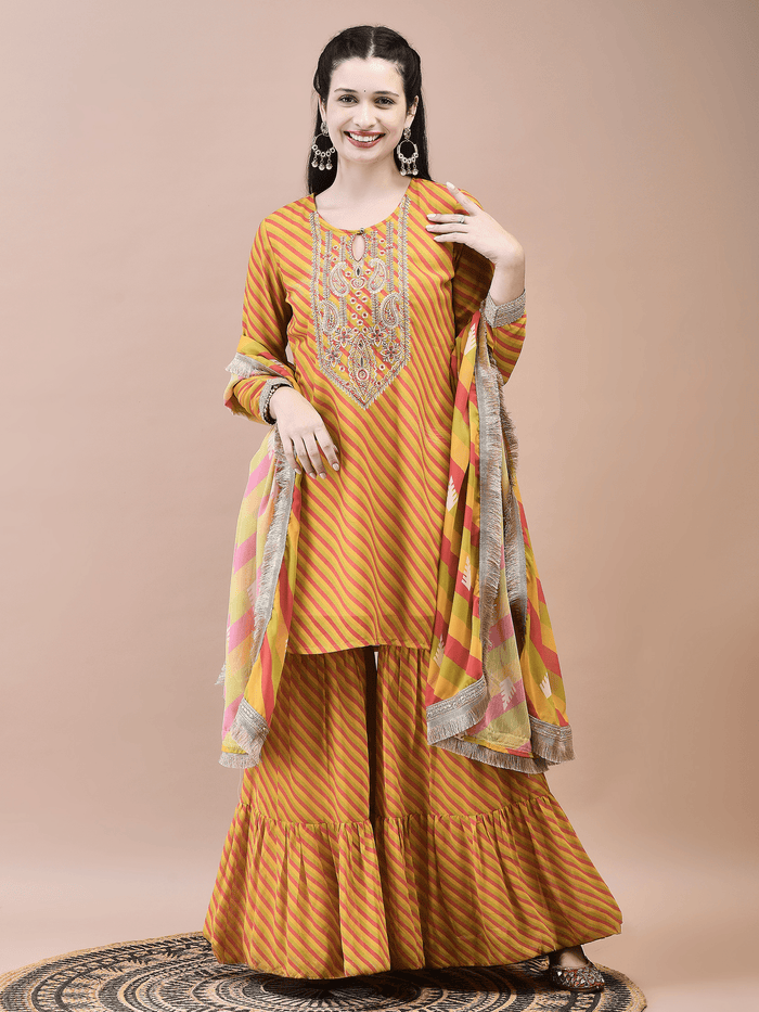 Women Georgette Mustard Embroidered Kurta Sharara Dupatta.