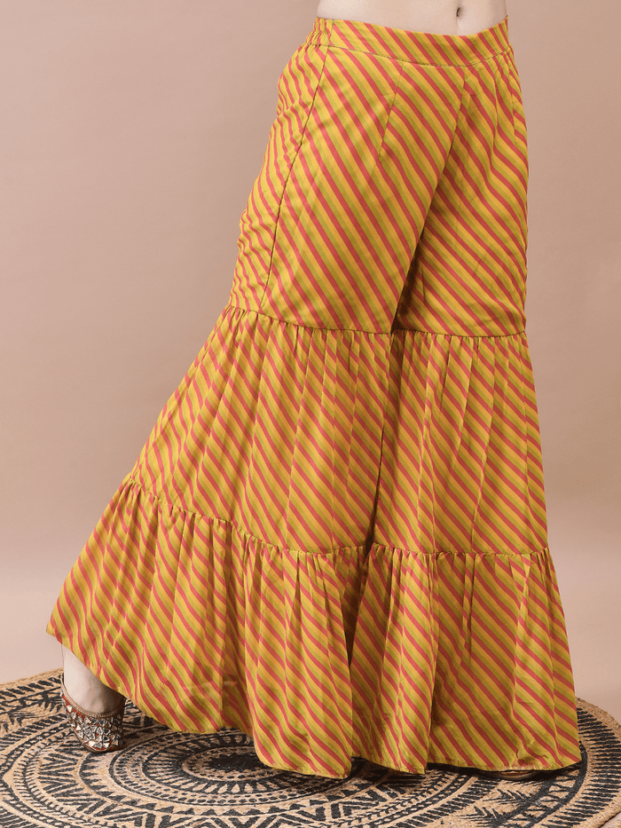 Women Georgette Mustard Embroidered Kurta Sharara Dupatta.