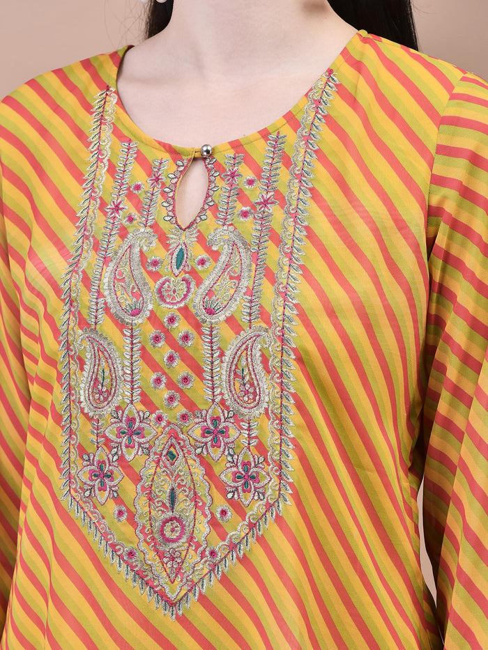 Women Georgette Mustard Embroidered Kurta Sharara Dupatta.