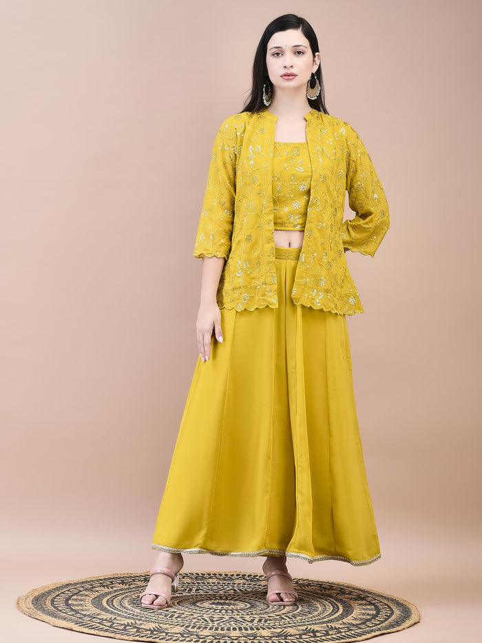 Women Georgette Mustard Embroidered Top Jacket Split Pant.