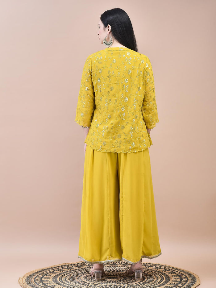 Women Georgette Mustard Embroidered Top Jacket Split Pant.
