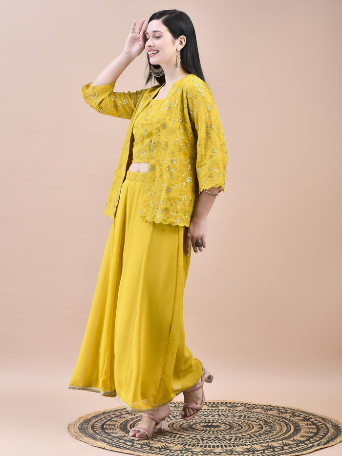 Women Georgette Mustard Embroidered Top Jacket Split Pant.