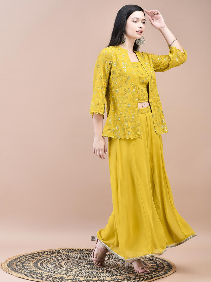 Women Georgette Mustard Embroidered Top Jacket Split Pant.